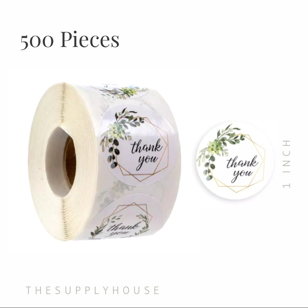 Thank You Stickers. Gold Frame Leaf. Envelope seals bulk. 1 Roll 500 pieces.